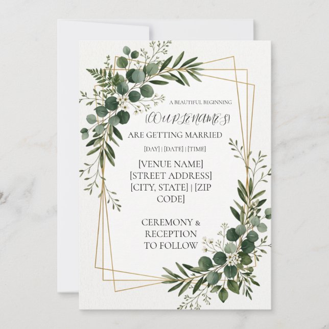 Personalised Greenery Gold Geometric Wedding Invitation (Front)