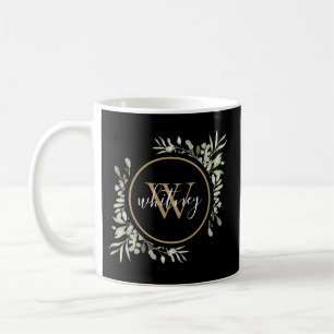 Personalised Greenery Gold Monogram Script Black Coffee Mug