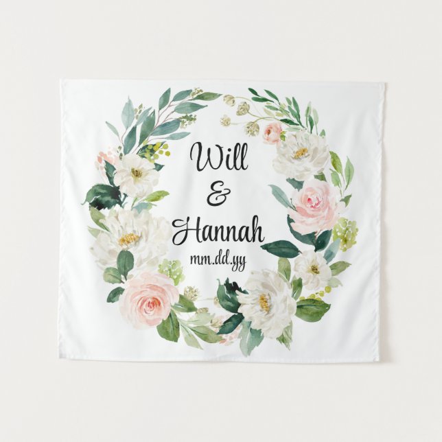 Personalised Greenery Wedding Reception Photo Prop Tapestry (Front (Horizontal))