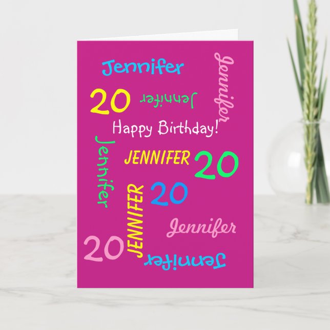 Personalised Greeting Card Name 20th Birthday Pink (Front)
