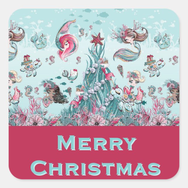 Personalised Greetings Mermaid and Friends Square Sticker (Front)