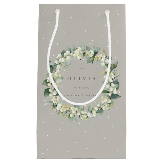 Personalised Greige Snowberry+Eucalyptus Wedding Small Gift Bag (Front)