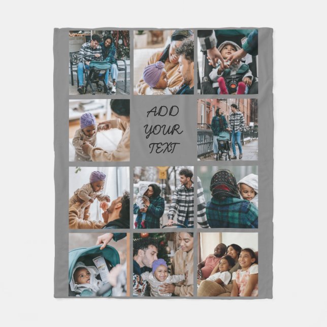 Personalised Grey 11 Photo Collage Fleece Blanket (Front)