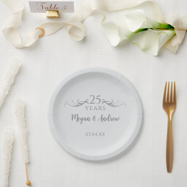 Personalised Grey 25th Wedding Anniversary Party Paper Plate (Wedding)