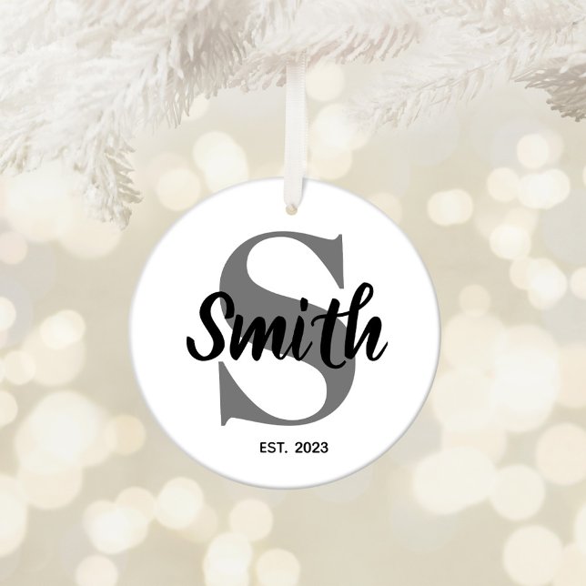 Personalised Grey and Black Family Monogram Ceramic Tree Decoration (Wedding Monogram Ceramic Ornament)