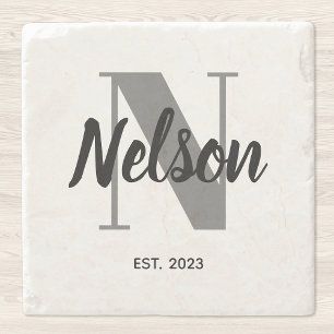 Personalised Grey and Black Family Monogram Stone Coaster