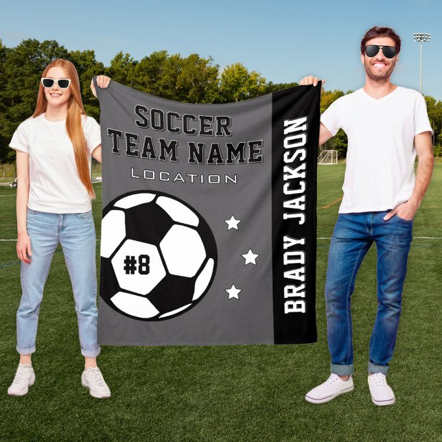 Personalised Grey and Black Soccer Player Name Fleece Blanket (Creator Uploaded)