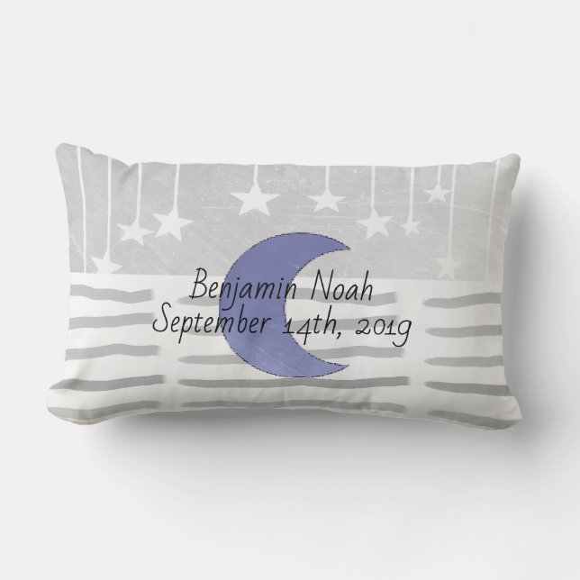 Personalised Grey and Blue Moon and Stars Pillow (Front)