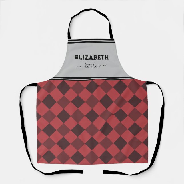 Personalised Grey And Red Buffalo Plaid Kitchen Apron (Front)