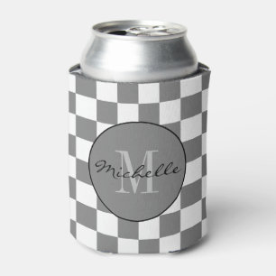 Personalised grey and white Chequerboard Pattern Can Cooler