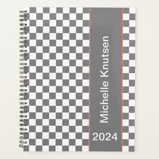 Personalised grey and white Chequered 2024 Planner (Front)