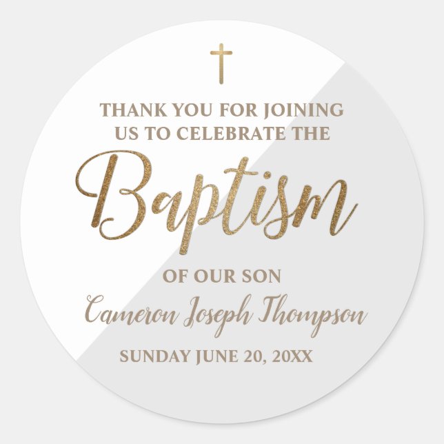 Personalised grey Baby boy baptism thank you Classic Round Sticker (Front)