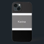 Personalised Grey Black And White Stripes Stylish iPhone 13 Case<br><div class="desc">You'll love this modern,  chic and stylish cell phone case with a grey,  black and white stripe pattern. Large black and grey stripes with small white stripes. Personalised with your name printed in a white text.</div>