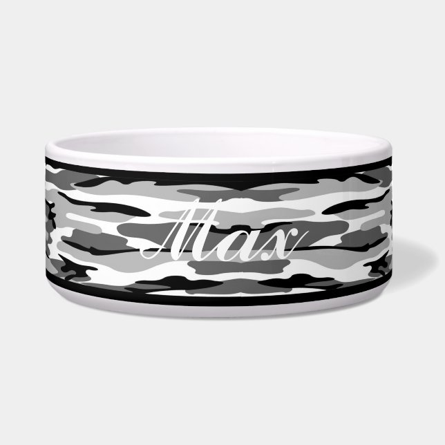 Personalised Grey & Black Camouflage Pet Bowl (Front)