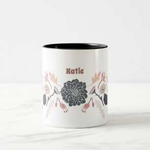 Personalised Grey Blue Peach Floral With Name Two-Tone Coffee Mug