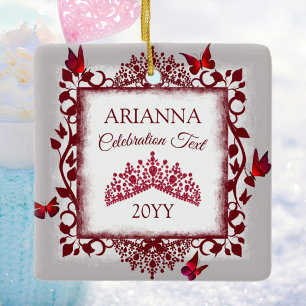 Personalised Grey, Burgundy Red Tiara, Butterfly Ceramic Ornament