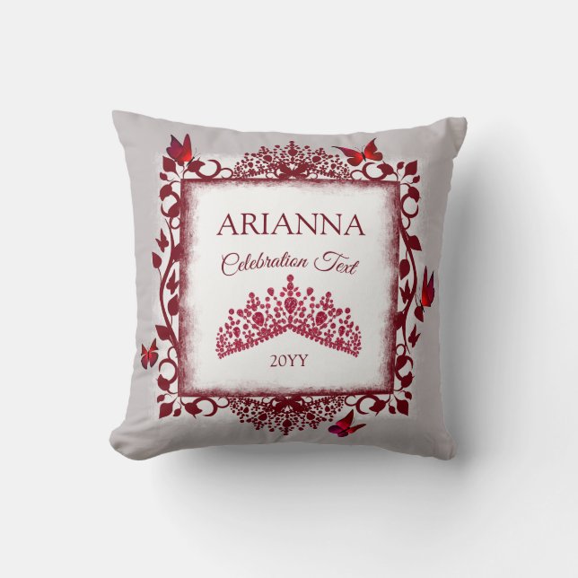 Personalised Grey, Burgundy Red Tiara, Butterfly Cushion (Front)