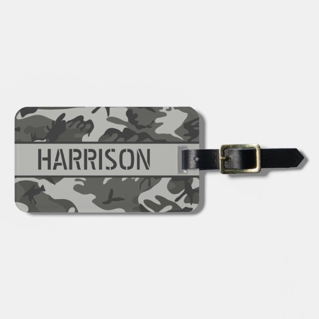 Personalised Grey Camo Luggage Tag (Front Horizontal)
