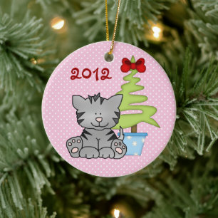 Personalised Grey Cat on Pink Baby's 1st Christmas Ceramic Tree Decoration