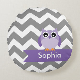 Personalised Grey Chevron Purple Owl Round Cushion