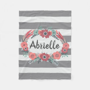 Personalised Grey, coral floral Fleece Blanket