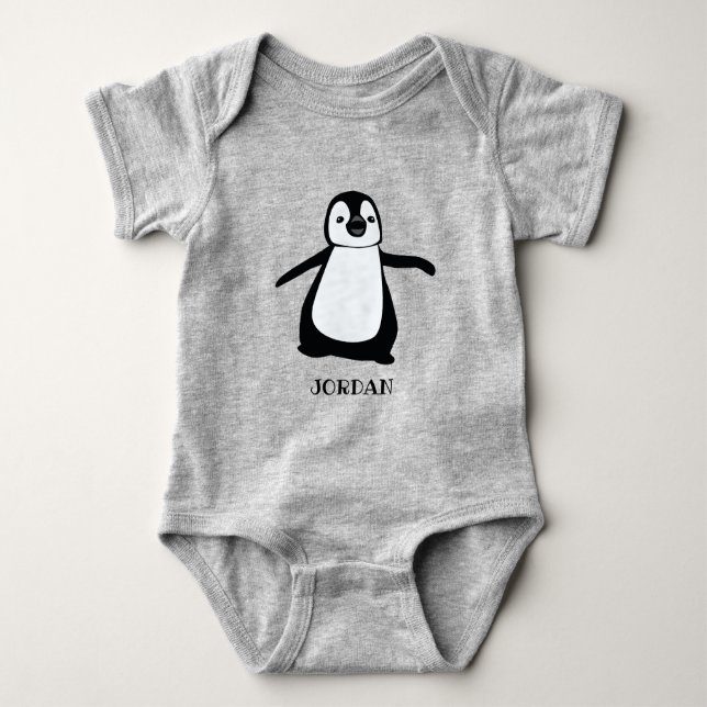 Personalised grey cute penguin illustration baby baby bodysuit (Front)
