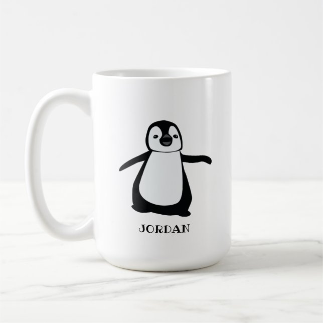 Personalised grey cute penguin illustration baby coffee mug (Left)