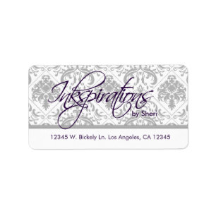 Personalised Grey Damask and Eggplant Purple Label
