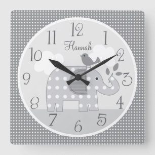 Personalised Grey Dot Elephant Nursery Baby Clock