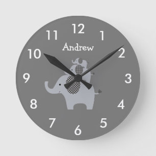 Personalised Grey Elephant Nursery Round Clock
