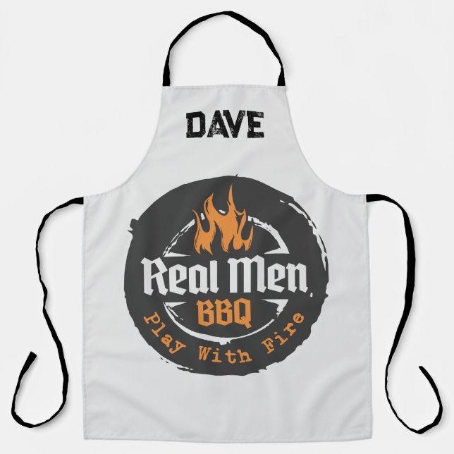 Personalised Grey Flames Real Men BBQ Grill Apron (Front)