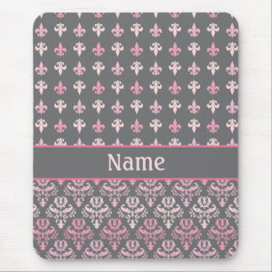 Personalised Grey Fleur de Lis Damask Pattern Mouse Mat