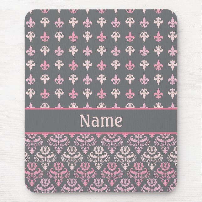 Personalised Grey Fleur de Lis Damask Pattern Mouse Mat (Front)