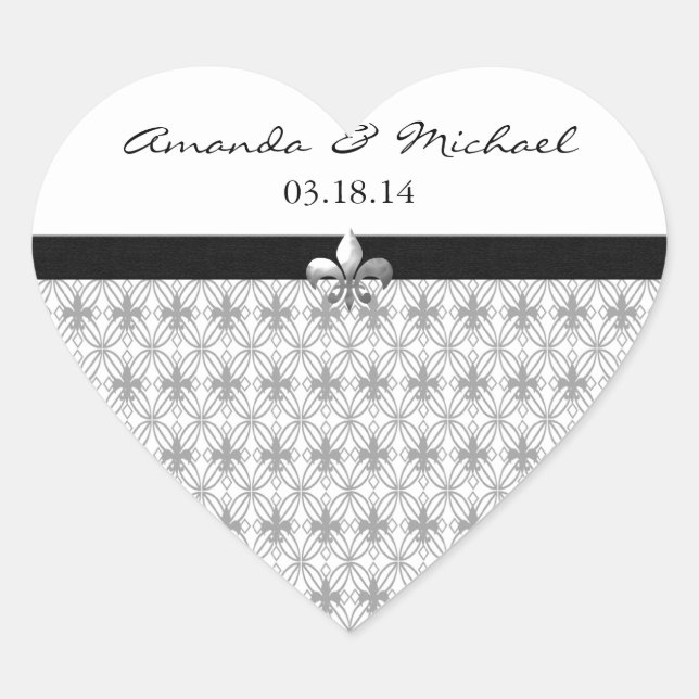 Personalised Grey Fleur de Lis Heart Stickers (Front)