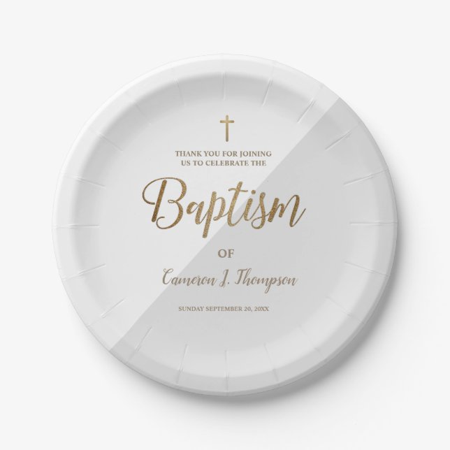 Personalised Grey Gold Cross Baby Baptism Paper Plate (Front)