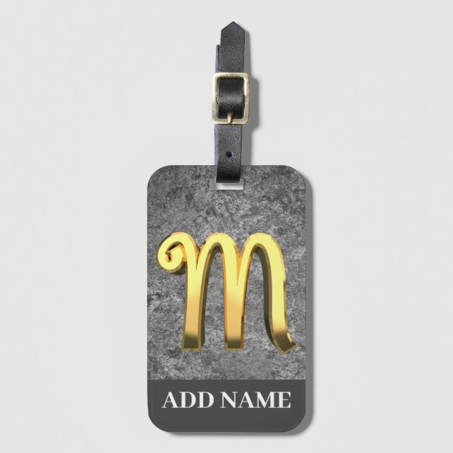 Personalised Grey & Gold Monogram Letter M Luggage Tag (Front Vertical)