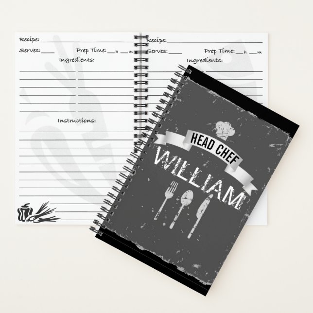 Personalised grey Head Chef recipe book for men (Inside)