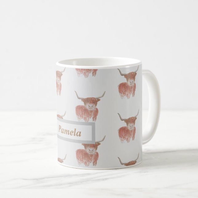personalised grey highland cow mug (Front Right)
