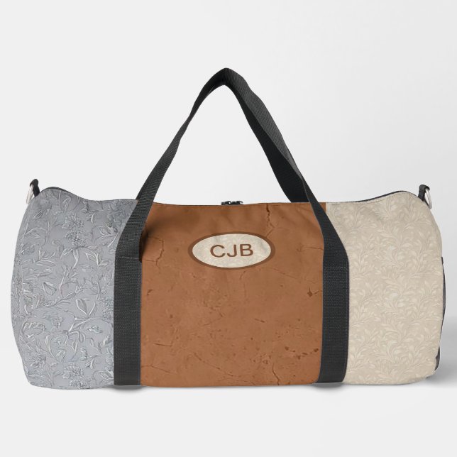 Personalised Grey, Ivory, and Brown Duffel Bag (Front)