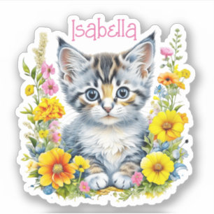 Personalised Grey Kitten and Flowers Watercolor