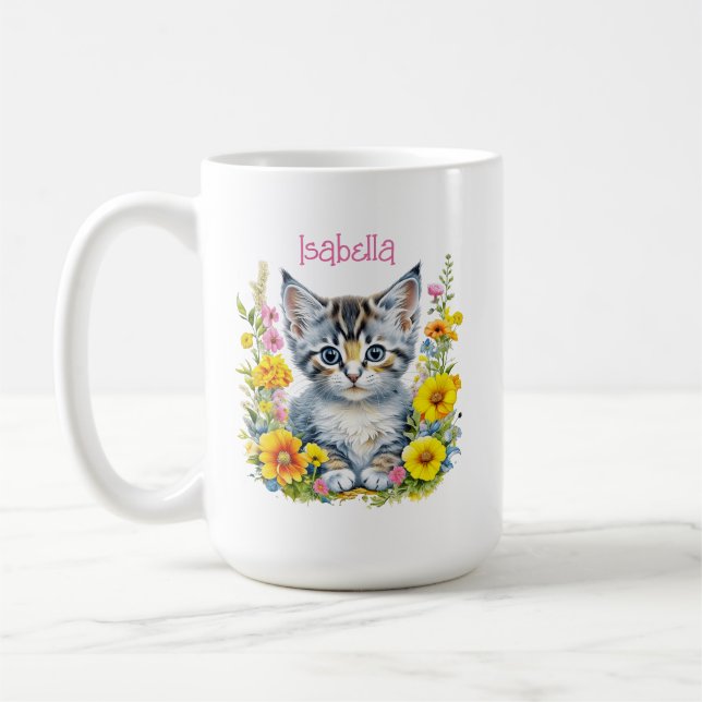 Personalised Grey Kitten and Flowers Watercolor Coffee Mug (Left)