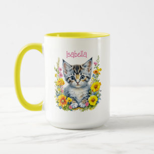 Personalised Grey Kitten and Flowers Watercolor Mug