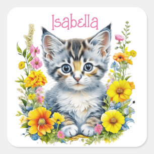 Personalised Grey Kitten and Flowers Watercolor Square Sticker
