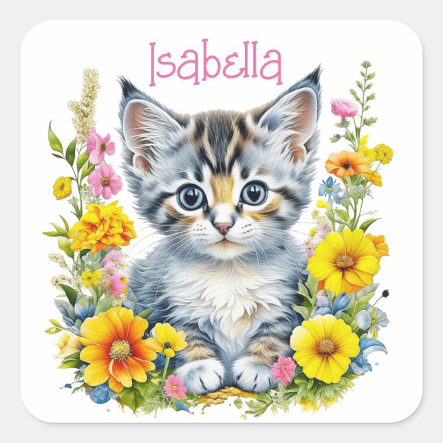 Personalised Grey Kitten and Flowers Watercolor Square Sticker (Front)