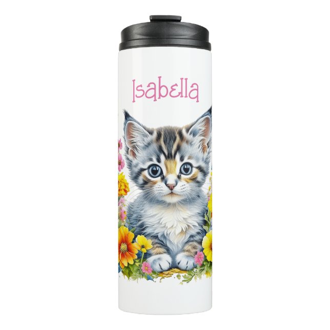 Personalised Grey Kitten and Flowers Watercolor Thermal Tumbler (Front)