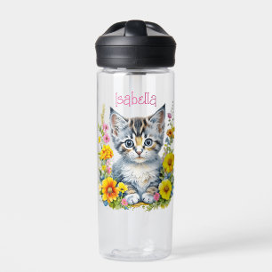 Personalised Grey Kitten and Flowers Watercolor Water Bottle