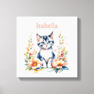 Personalised Grey Kitten in Pink Flowers Canvas Print