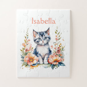Personalised Grey Kitten in Pink Flowers Jigsaw Puzzle