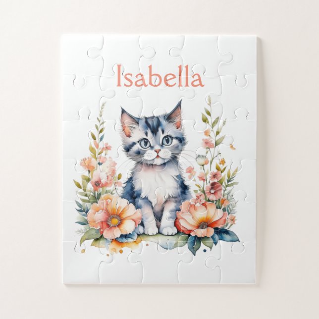 Personalised Grey Kitten in Pink Flowers Jigsaw Puzzle (Vertical)