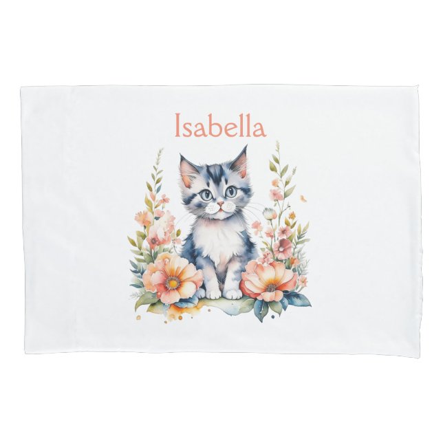 Personalised Grey Kitten in Pink Flowers Pillowcase (Front)